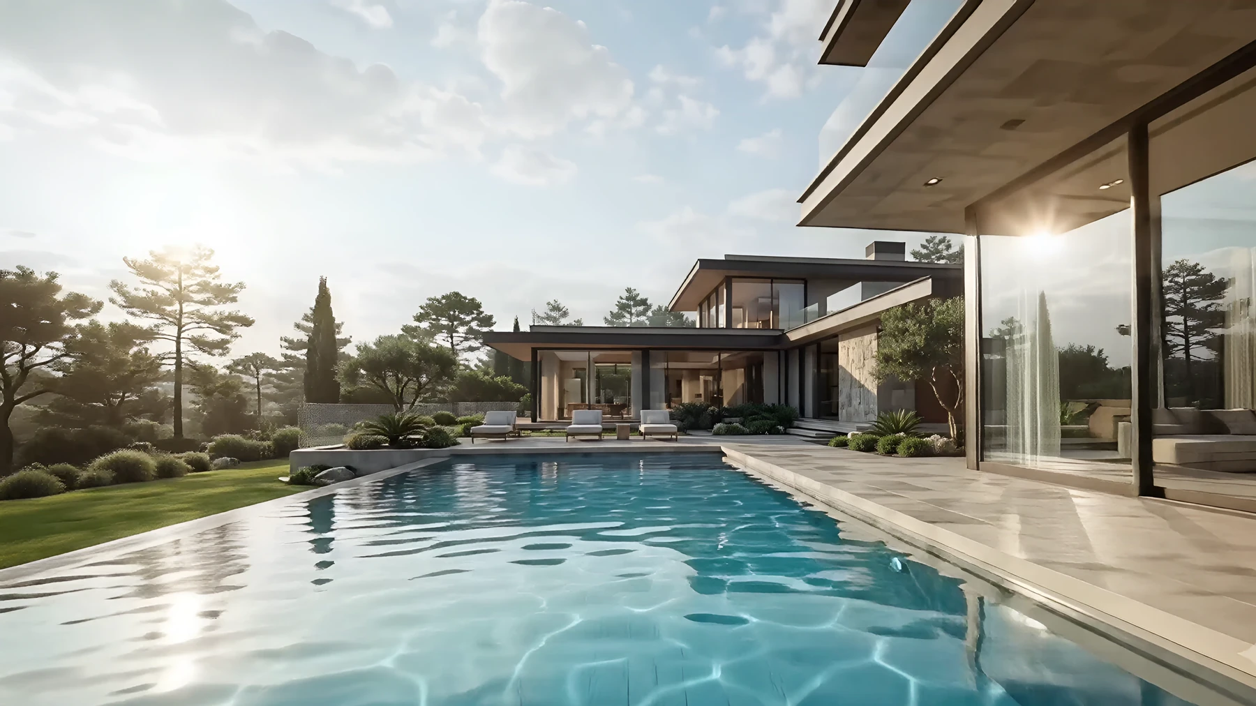 The pool and the house in daylight